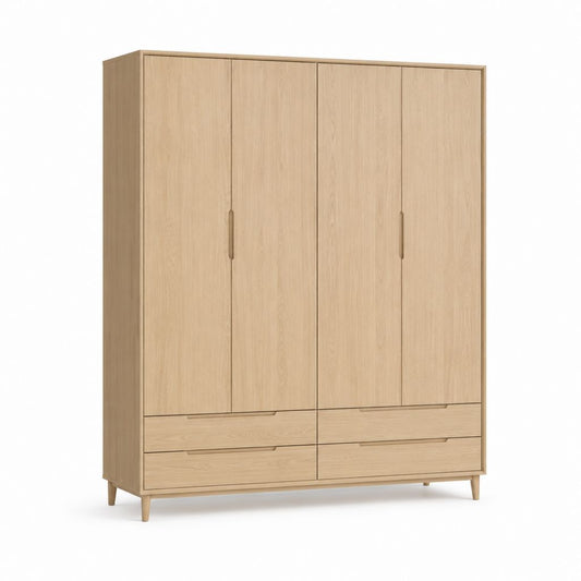Armoire armoire rectangulaire en bois avec 4 portes et 4 tiroirs, chêne naturel, 180 × 55 × 220 cm