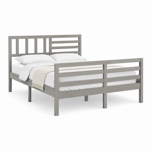 Lit double 140 × 190 cm avec bords gris en bois massif de pin et filet à lattes