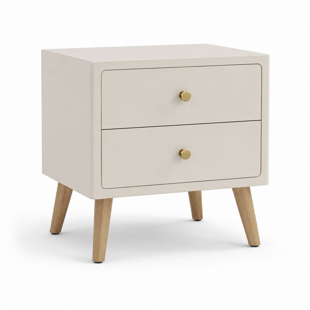 Table de nuit rectangulaire avec 2 tiroirs en MDF verni et pieds en bois massif, beige, bois naturel et or, 50 × 40 × 58 cm