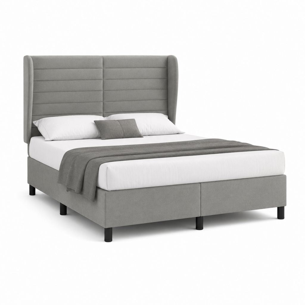 Lit double rembourré en polyester gris avec tête de lit haute et sommier à lattes, matelas 160 × 200 cm, dimensions 170 × 215 × 120 cm