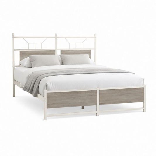Cadre lit double 208 × 185 × 110 cm en acier blanc avec panneaux effet chêne gris, filet 180 × 200 cm