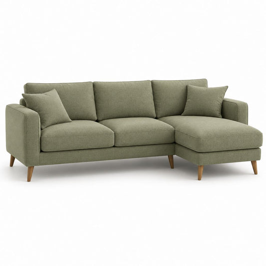 Canapé angulaire 3 places avec péninsule droite en polyester vert olive, 245 × 155 × 88 cm