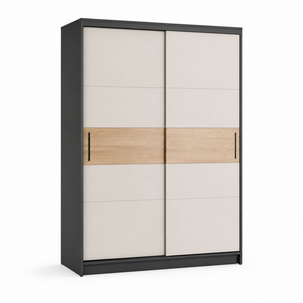 Armoire armoire rectangulaire en bois avec 2 portes coulissantes, anthracite, beige clair et chêne, 120 × 60 × 200 cm