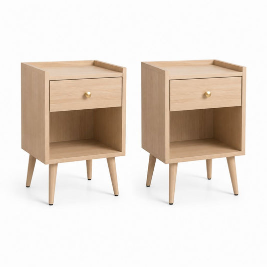 Ensemble de 2 tables rectangulaires en bois avec tiroir, compartiment ouvert et jambes inclinées, chêne naturel, 40 × 35 × 60 cm