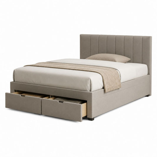 Lit double rembourré tourterelle avec filet à lattes et 2 tiroirs, 170 × 216 × 110 cm, pour matelas 160 × 200 cm