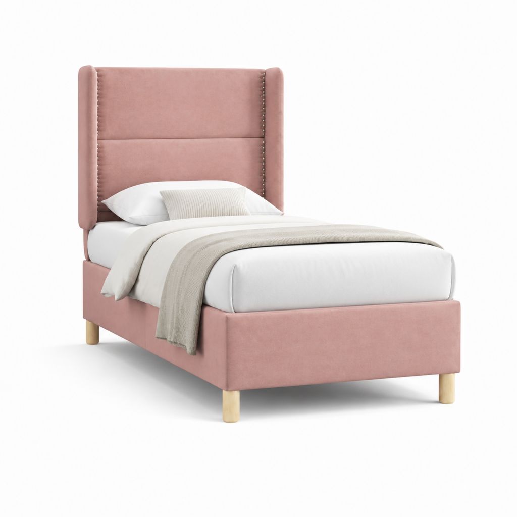 Lit simple rembourré en velours rose 105 × 205 × 120 cm, pour matelas 90 × 190 cm, tête de lit à ailes