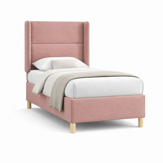 Lit simple rembourré en velours rose 105 × 205 × 120 cm, pour matelas 90 × 190 cm, tête de lit à ailes