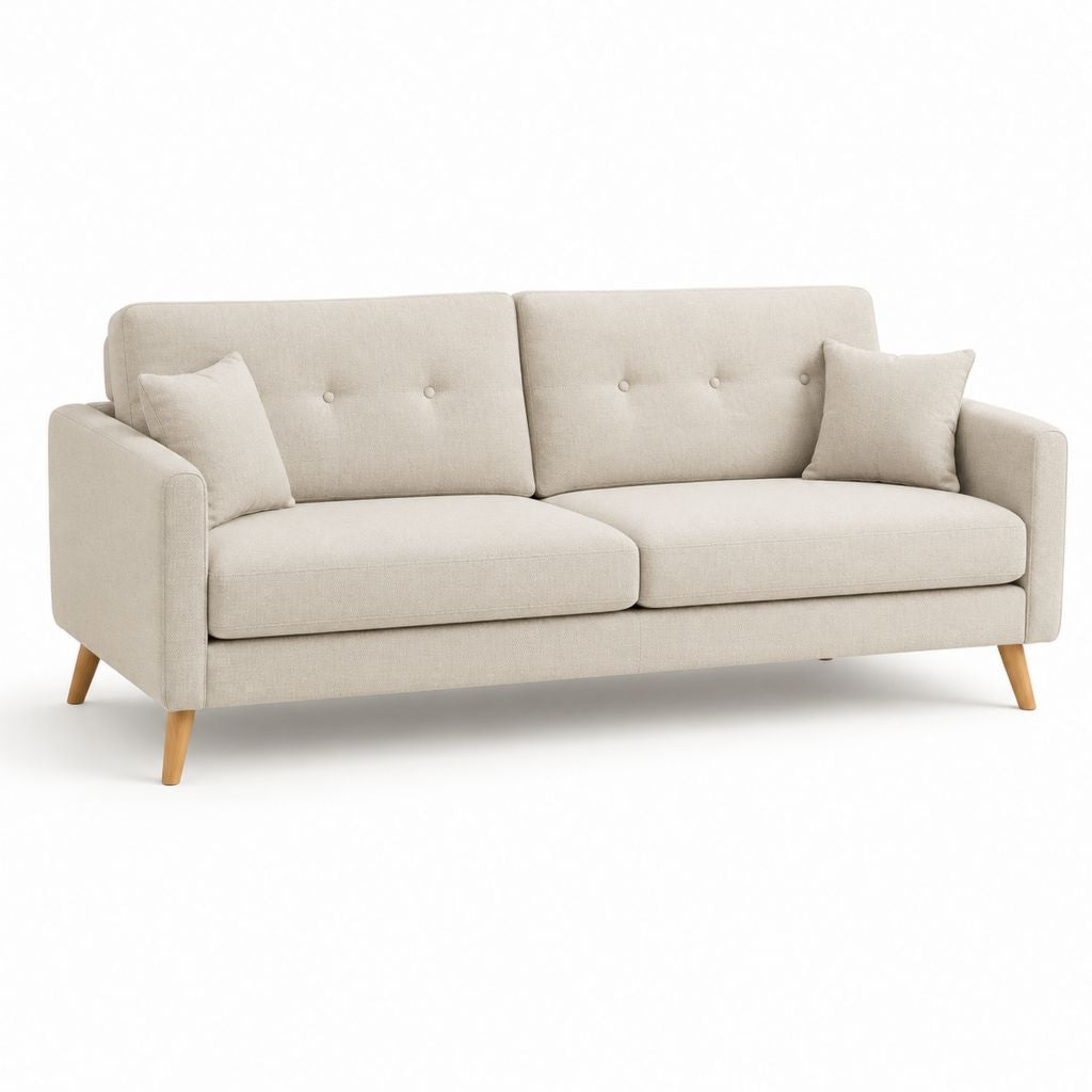 Canapé à 3 places en polyester beige avec pieds en bois massif, 200 × 84 × 86 cm