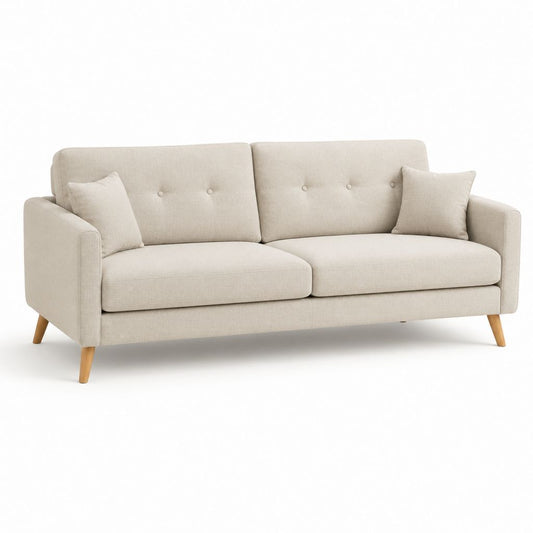 Canapé à 3 places en polyester beige avec pieds en bois massif, 200 × 84 × 86 cm
