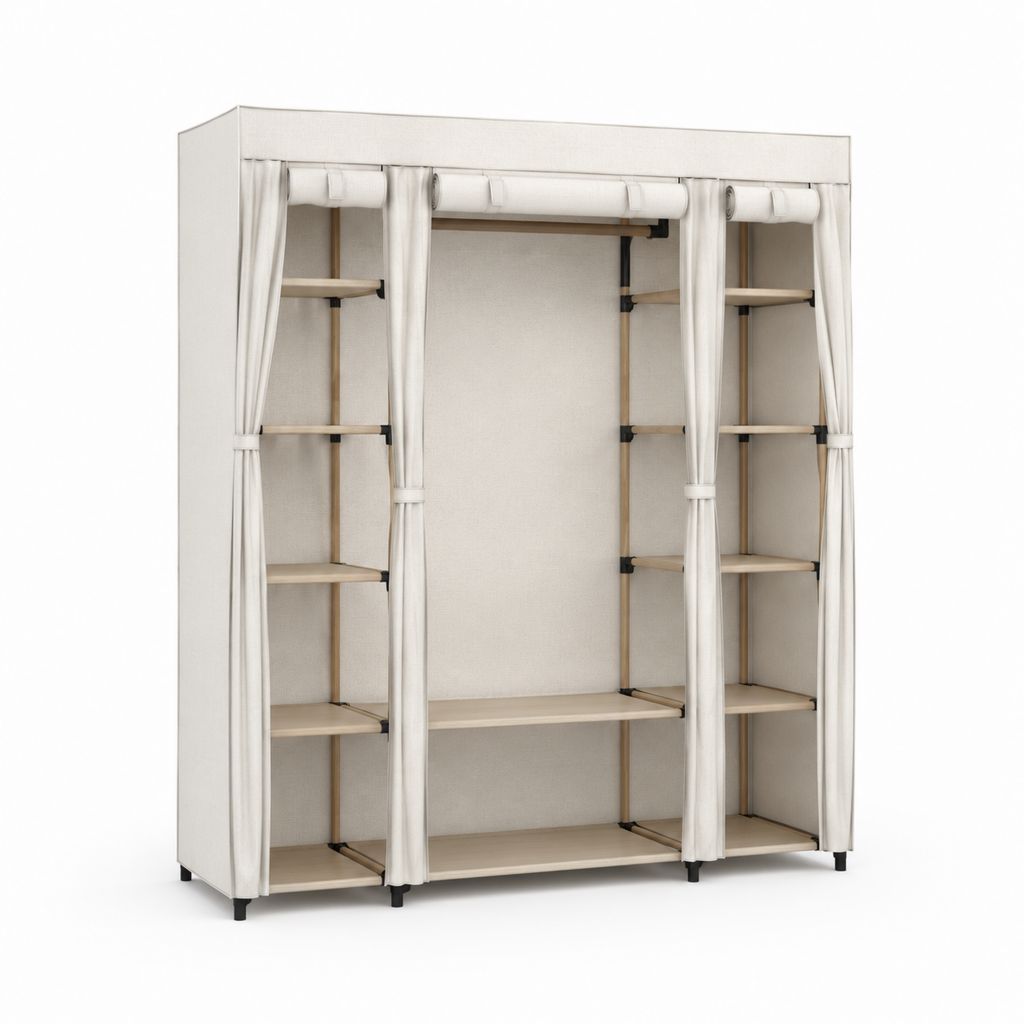 Armoire de rangement rectangulaire en polyester avec cadre en acier, 10 étagères et barre porte-manteaux, beige et noir, 170 × 45 × 170 cm