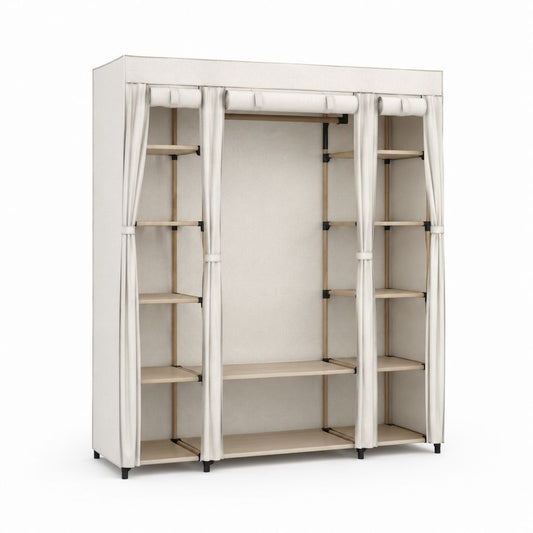 Armoire de rangement rectangulaire en polyester avec cadre en acier, 10 étagères et barre porte-manteaux, beige et noir, 170 × 45 × 170 cm