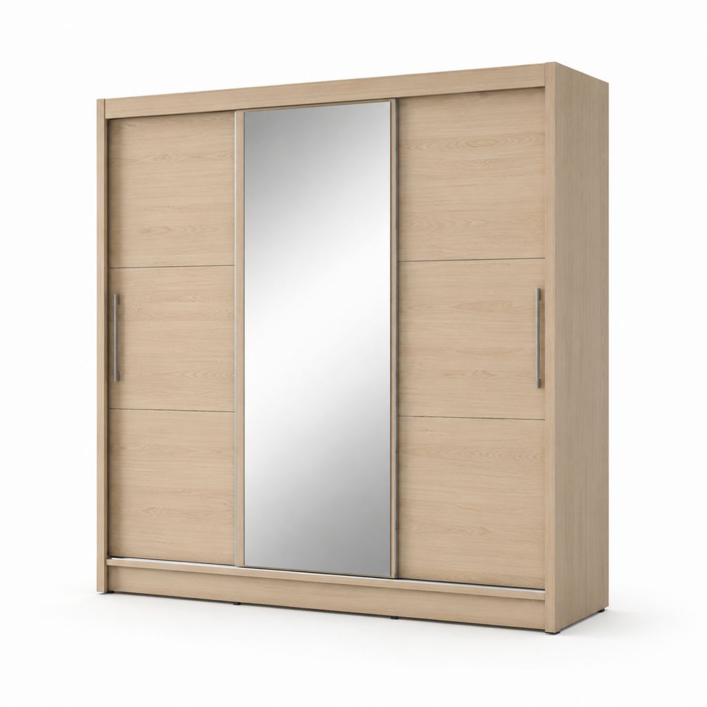 Armoire armoire rectangulaire à 3 portes coulissantes avec miroir, panneau truciolaire mélaminique, chêne clair et argenté, 180 × 60 × 200 cm