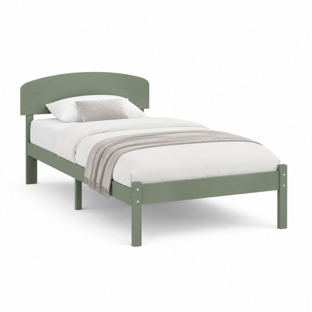 Lit simple 90 × 200 cm en pin massif vert sauge avec filet à lattes et tête de lit arquée, 98 × 208 × 105 cm