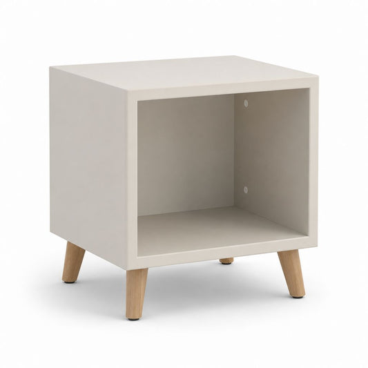 Table de nuit rectangulaire beige avec compartiment ouvert en MDF et pin massif, 40 × 35 × 50 cm