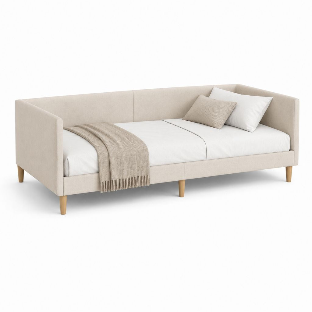 Lit simple rembourré rectangulaire 90 × 200 cm en polyester beige avec pieds en hêtre massif