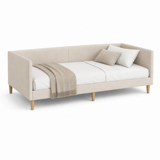 Lit simple rembourré rectangulaire 90 × 200 cm en polyester beige avec pieds en hêtre massif